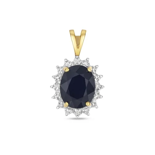 Diamond Cluster Oval Sapphire  Pendant 9ct Gold